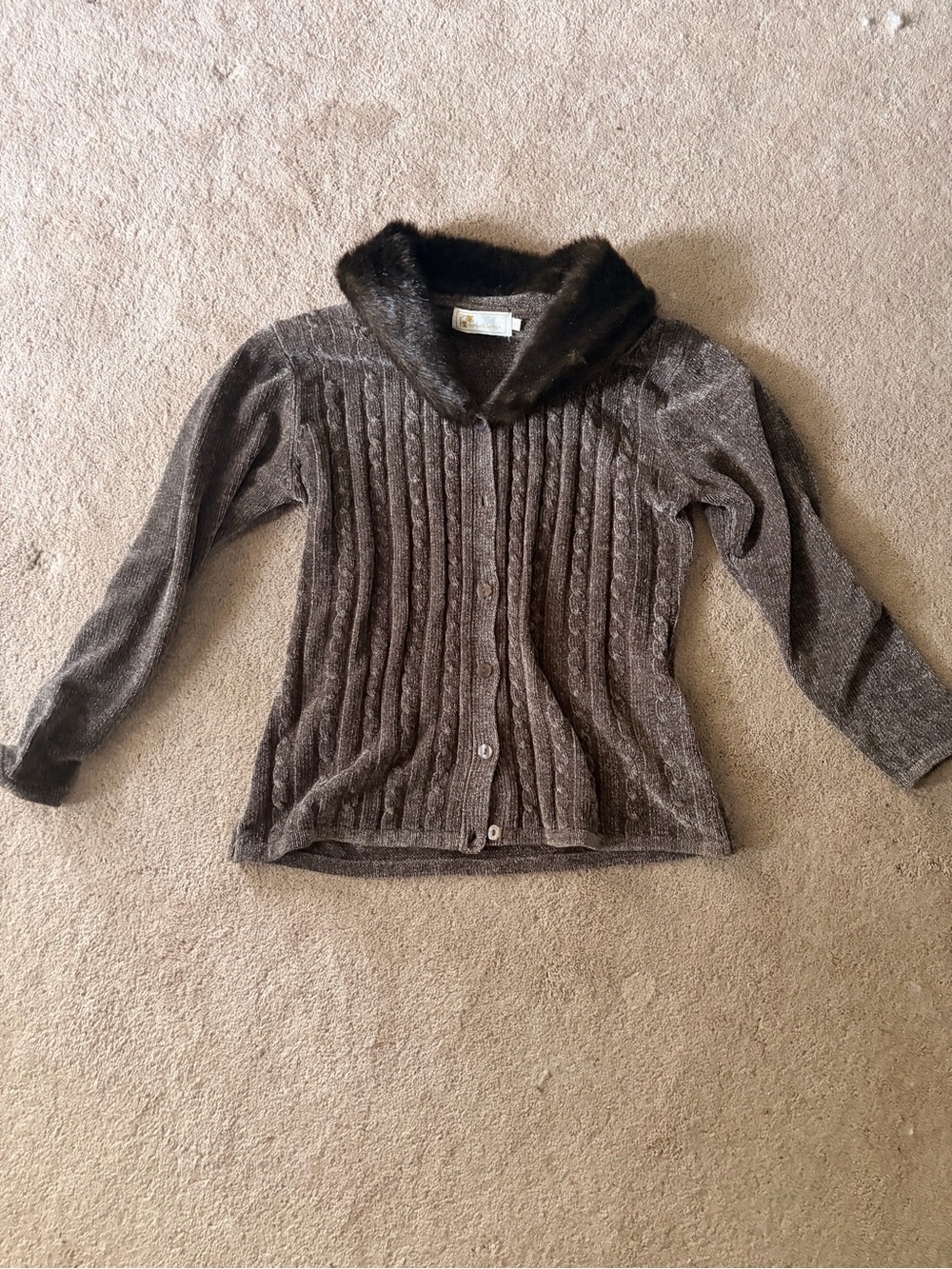 Faux-Fur Collar Ribbed Brown Cardigan Sweater